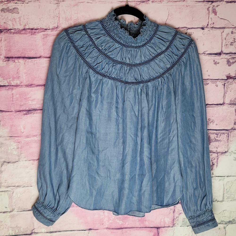 REBECCA MINKOFF JORDANA TOP 100% TENCEL DENIM CHAMBRAY MOCK NECK BLOUSE SMALL